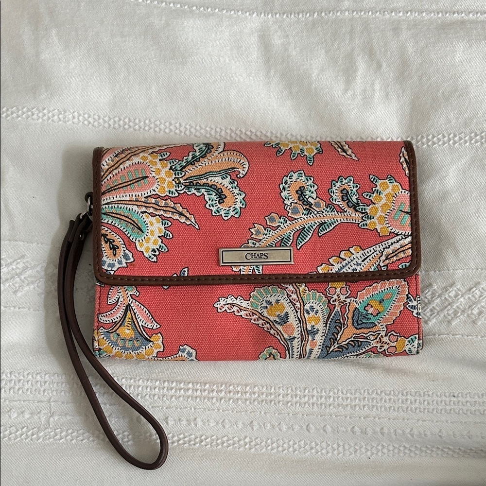 Chaps Coral Paisley Clutch with Brown Accents